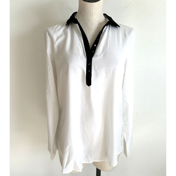 Reaction by Kenneth Cole Blouse Women's Size Medium White Black Trim Roll Tab - Picture 1 of 11
